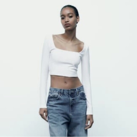 Zara Tops - Zara White Long Sleeve Square Neck Top Ribbed Size Small